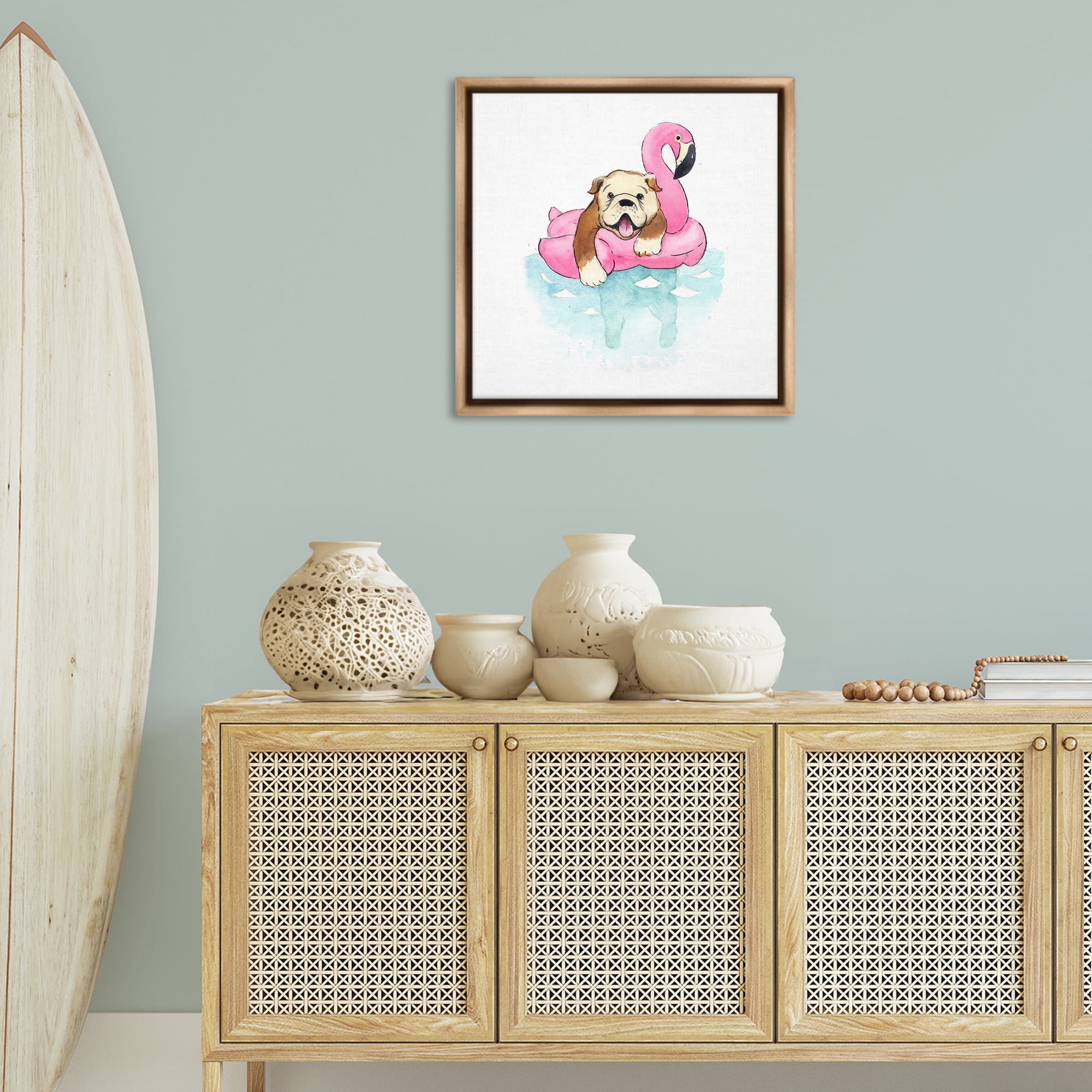 Stupell Industries Bulldog in Pool Float Animals Painting Brown Floater Framed Canvas Art Print Wall Art, 25 x 25