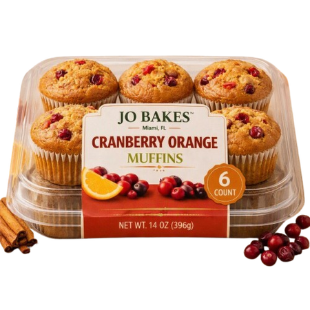 Cranberry Orange Muffins, 6 Count, 14 oz – Soft Moist Citrus Berry Bakery Muffins, JO BAKES