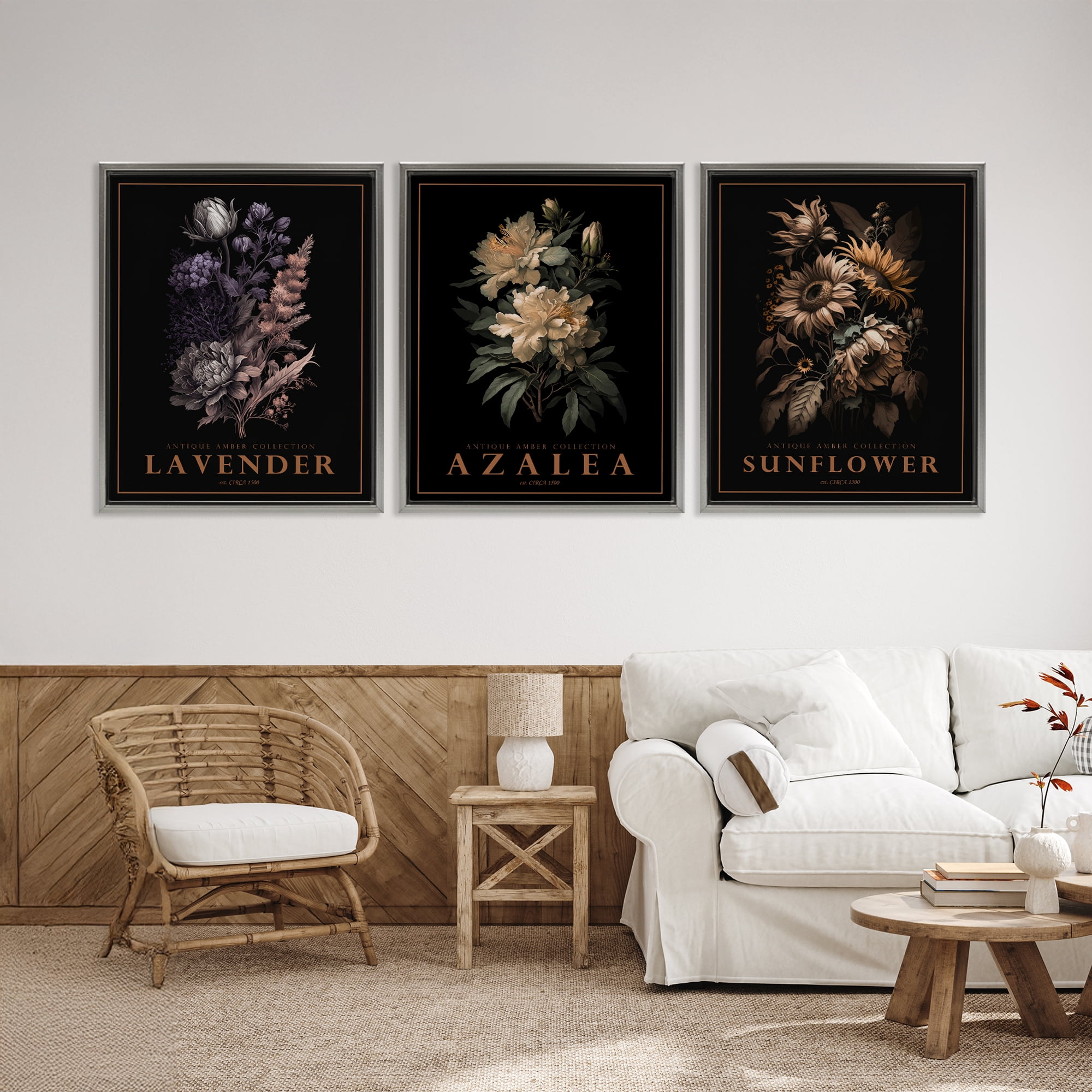 Stupell Industries Antique Botanical Herb Bushels 3 Piece Gray Framed Floater Canvas Set, design by Christopher Giampietro