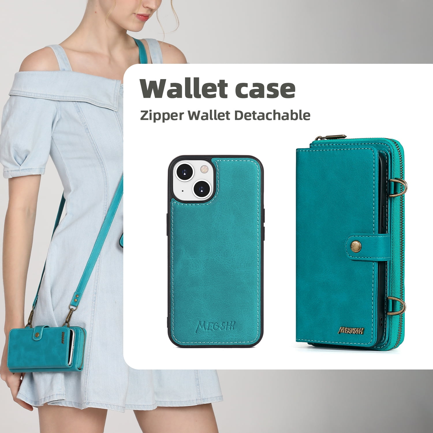 ELEHOLD Flip Wallet Case for iPhone 14 PU Leather Purse Case with Large Capacity 13 Card Slots Zipper Pocket Kickstand Magnetic Detachable Case Cross Body Shoulder Strap Shockproof Protective,Blue