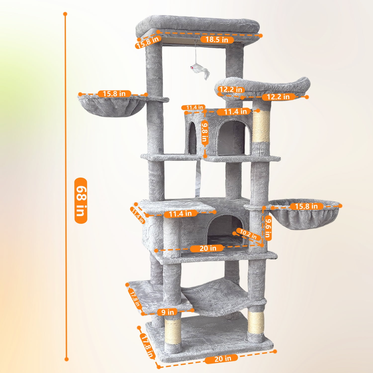 ZephyPaws Cat Tree, 68 inch Multi-Level Cat Tower for Indoor Cats, Two Large Top Decks and Cat Hairbrushfor Kittens, Large and Tall Cat Tree gray