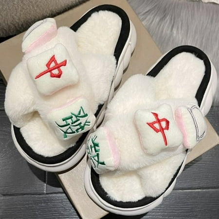 

CoCopeaunt 2022 Platform Height 4cm Fluffy Fur Slippers Women Winter Warm Lovely Flowers Upper Design Plush Home Slippers Women Shoes