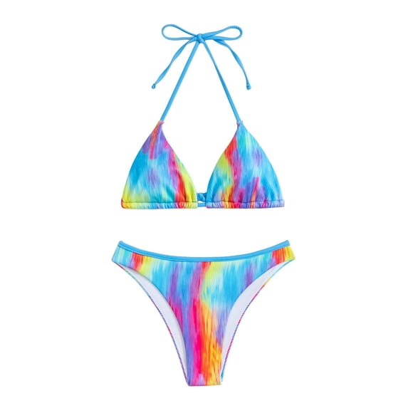 Virmaxy Women's High Cut String Triangle Bikini Set New Alluring Swimsuit Printed Bikini Swimsuit Tie Side Triangle String Alluring Swimsuit Blue XL