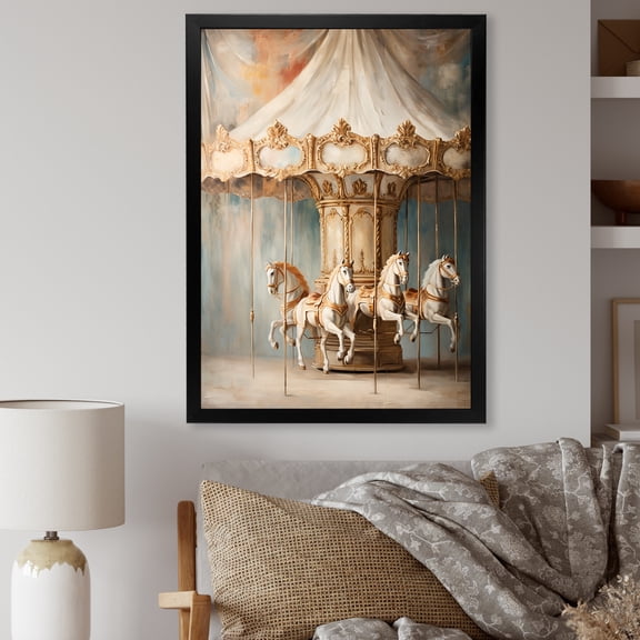 Designart "Merry-Go-Round Carousel in Beige Vintage Style" Architecture Framed Wall Art - Traditional Beige Carousel Living Room Framed Canvas Art