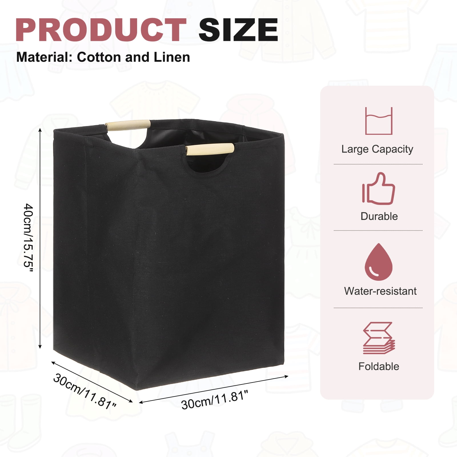 Uxcell 11.8 x 11.8 x 15.7" Large Laundry Basket, Foldable Laundry Hamper with Wooden Handles Freestanding Storage Basket for Comforter Clothing Blanket Pillows, Tall Black