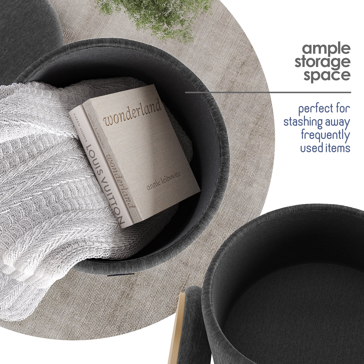 LammaLoe Small Round Ottoman with Storage, Textured Velvet Ottoman Foot Stool with Lid, Upholstered Vanity Stool for Living Room & Bedroom, Gray