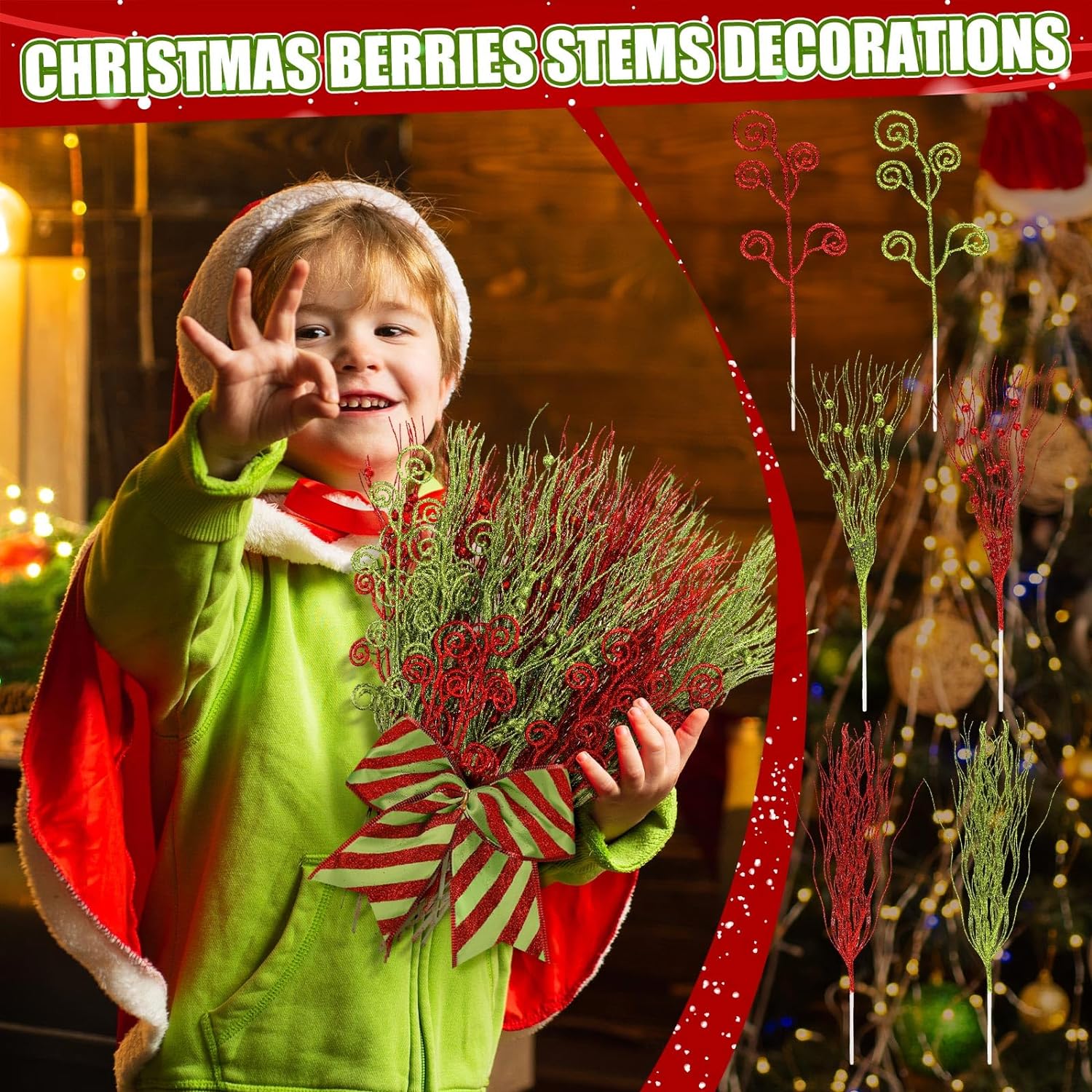 24 Pcs Christmas Red Green Artificial Glitter Curly Berry Stems Ornaments, Fake Christmas Candy Picks, Decorative Glitter Sticks Branches, for Xmas Tree Wreath Crafts Vase Filler Home