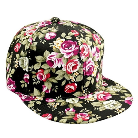 - Floral Print Snapback Hat Adjustable Fitted Men's Women's Hip-Hop Cap Baseball Hat Headwear Main Color:Black