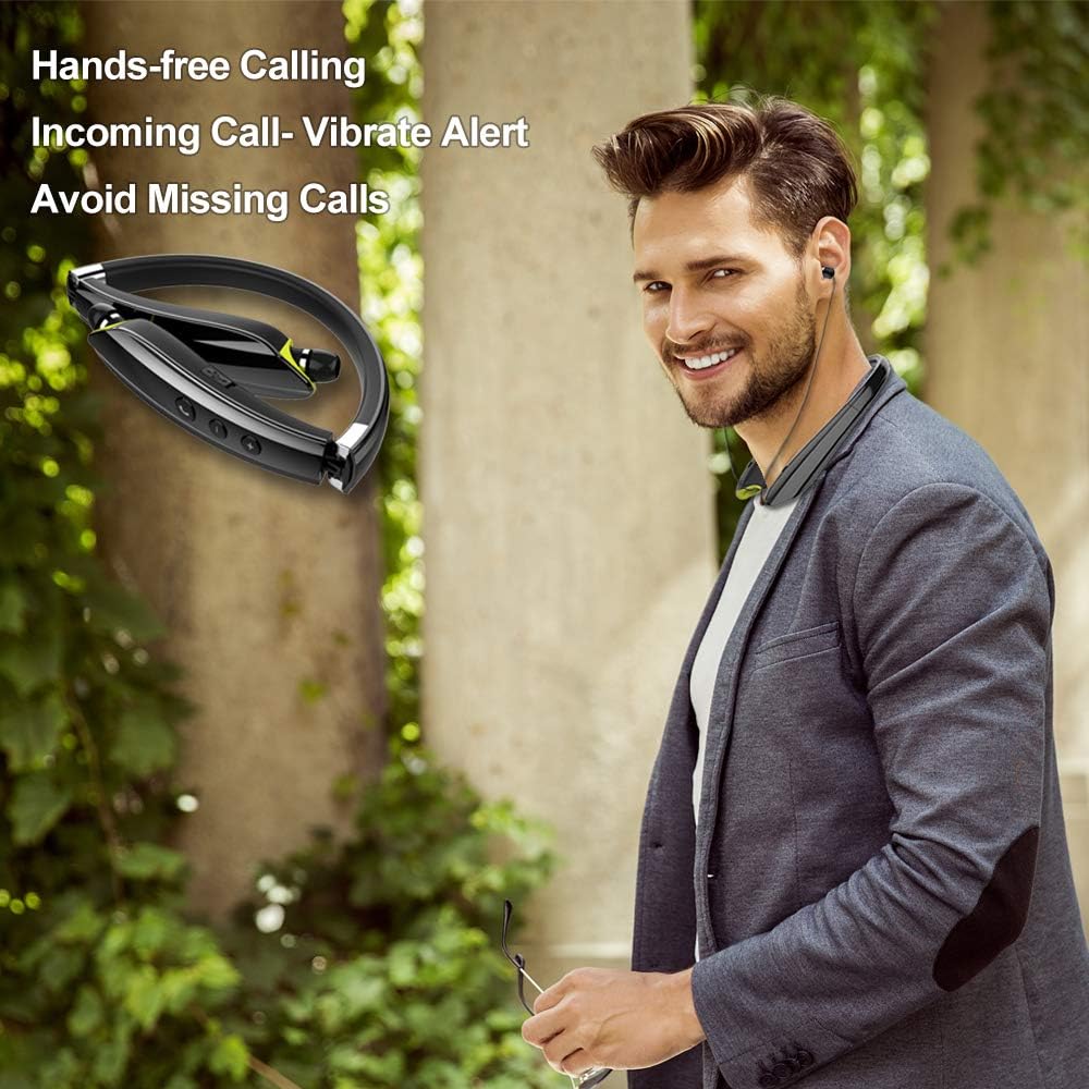 Bluetooth Headphones, Upgraded Foldable Wireless Neckband Headset with Retractable Earbuds, Noise Cancelling Stereo Earphones with Mic for Workout, Running, Driving (with Carry Case)