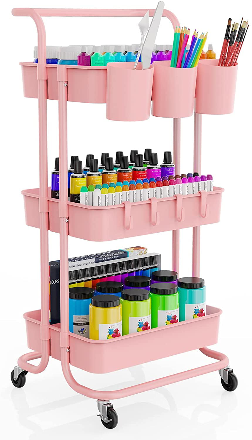 Rolling Storage Trolley LEHOM 3 Tier Utility Rolling Cart with Hanging Cups & Hooks & Handles Multifunctional Storage Cart for Office Black Bathroom and Kitchen 