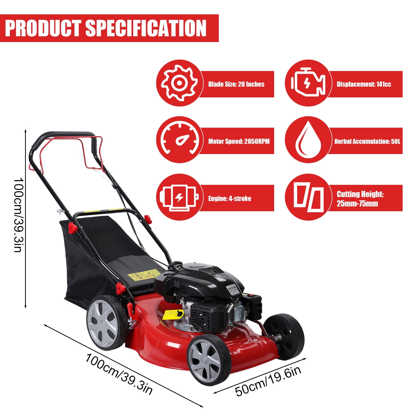 Thehsnt Lawn Mower, Self Propelled Lawn Mower, 141cc Gas Engine Lawn Mower, Push Lawn Mower with 50L Grass Tank, Big Wheels
