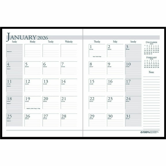 11 in. x 8.5 in. 14-Month (Dec 2025-Jan 2027) Recycled Ruled Planner with Leatherette Cover - Black Cover
