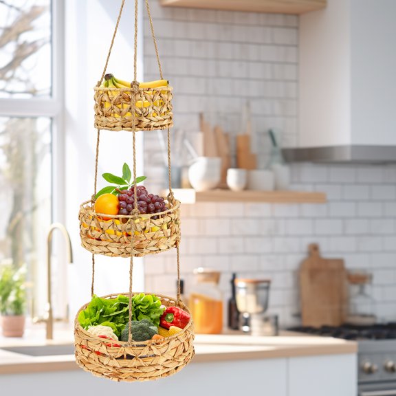 Grusce 3 Tier Hanging Fruit Basket, Woven Wall Hanging Basket with Hook, Decorative Vegetables Storage Plant Holder for Kitchen Farmhouse Wall