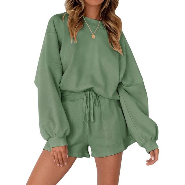 Faithtur Women´s Summer Loungewear Set, Solid Color Long Sleeve Round Neck Tops + Drawstring Shorts 2 Pieces Loose Sleepwear