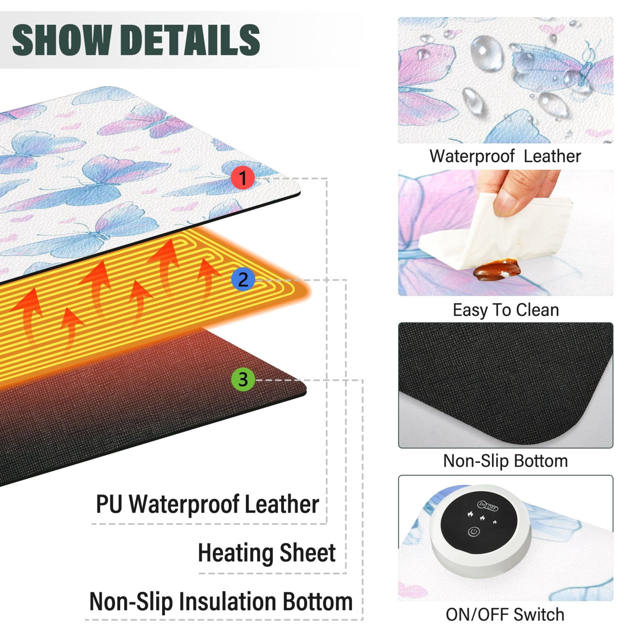 Large Heated Desk Mat Mouse Pad 31.5"x13"PU Leather Graphene Heating Desk Warmer with 3 Temperature Settings 110V US Plug Non-Slip Warm Pad for Home, Office, and Gaming Sweet Heart Butterfly Print