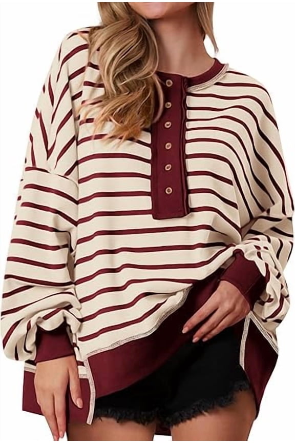 Womens Fall Striped Oversized Sweatshirt Long Sleeve Button Up Henley Neck Waffle Knit Pullover Tunic Tops