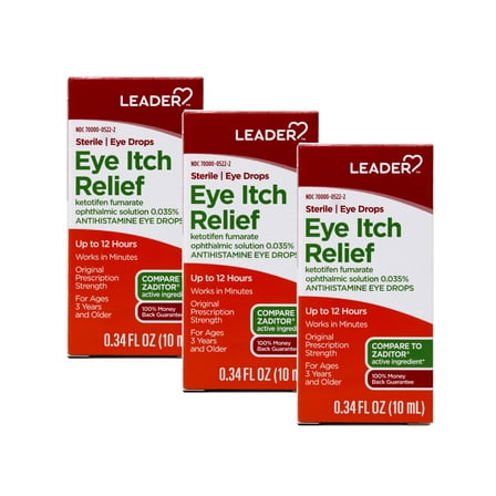 3 Pack - LEADER Sterile Eye Drops for Eye Allergy & Itch Relief, Ketotifen Antihistamine Solution 0.035%, Up to 12 Hours, Prescription Strength 0.34 fl oz