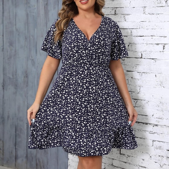 Wonens Dresses Sundresses for Women Plus Size Dresses for Women Women's Loose Casual V-neck Short Sleeved Plus Size Dress Navy XXXXL