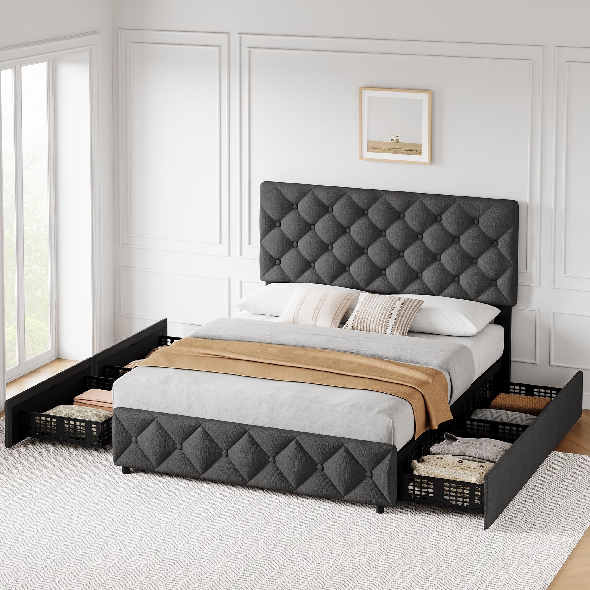 WhizMax Queen Size Linen Upholstered Bed Frame with 4 Storage Drawers, Adjustable Diamond Stitched Tufted Headboard, Noise-Free, No Box Spring Needed, WhizMax Queen Size Linen Upholstered Bed Frame with 4 Storage Drawers, Adjustable Diamond Stitched Tufted Headboard, Noise-Free, No Box Spring Needed,