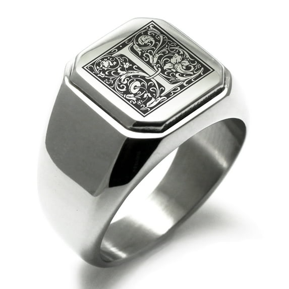 Stainless Steel Letter I Initial Floral Box Monogram Engraved Engraved Square Flat Top Biker Style Polished Signet Ring