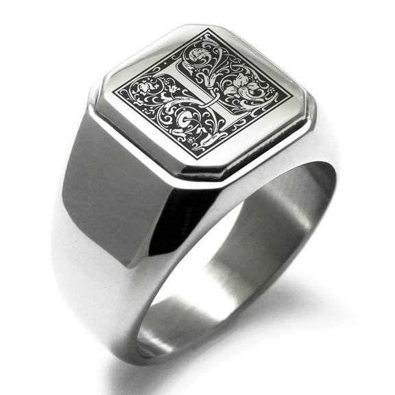 Stainless Steel Letter I Initial Floral Box Monogram Engraved Engraved Square Flat Top Biker Style Polished Signet Ring