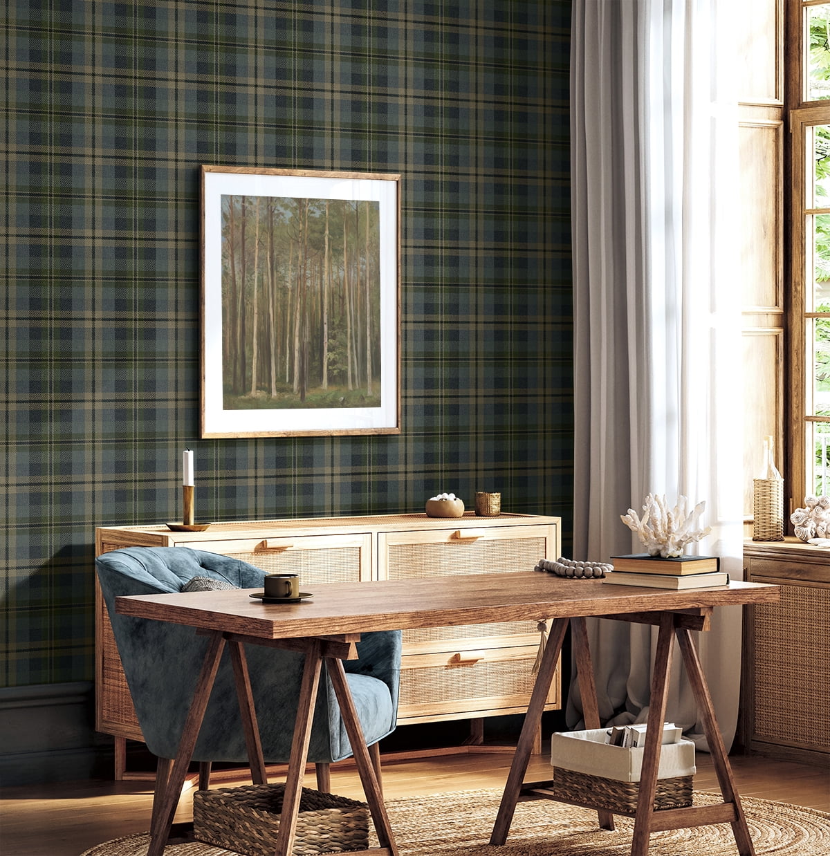 Harry & Grace Deep Sea Thornbury Tailored Plaid Peel and Stick Wallpaper - 20.5 in. W x 18 ft. L Roll