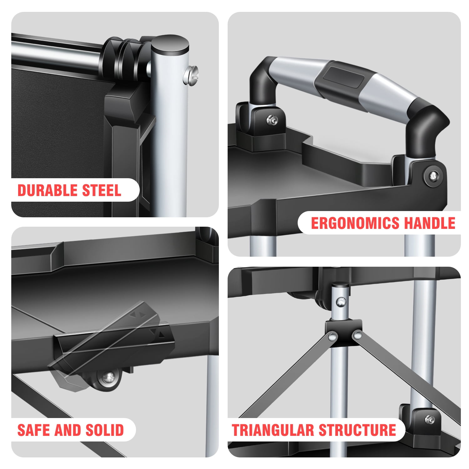 DNA MOTORING TOOLS-00430 3 Tier Folding Rolling Service CartCollapsible Utility Cart for Warehouse Workshops Restaurants