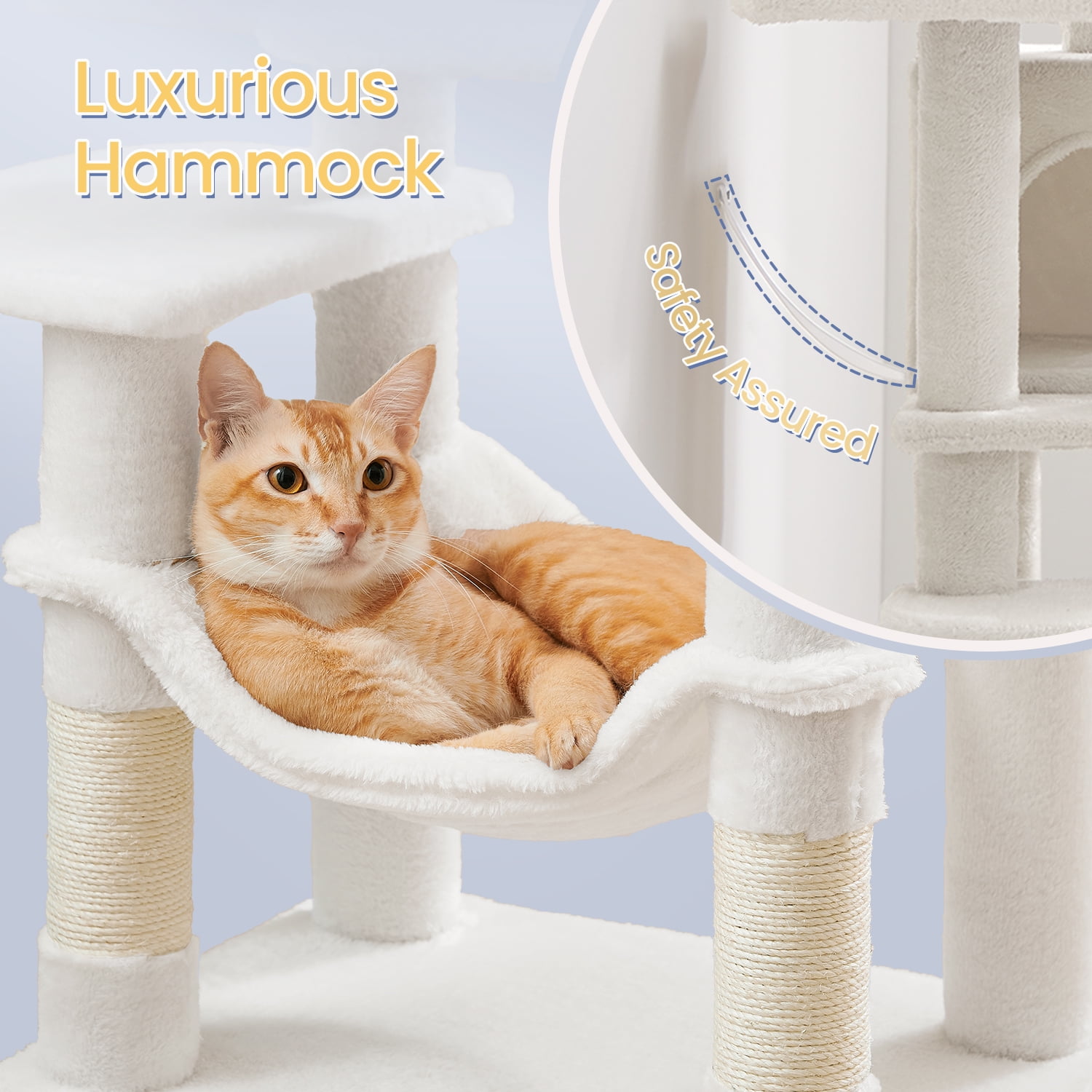 LEDREM 44.1-Inch Multi-Level Cat Tree with 4 Scratching Posts & Hammock - Cat Tower with 2 Perches & Cave for Indoor Cats, Cream White