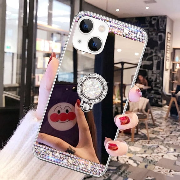 Compatible with iPhone 15 Makeup Mirror Case Bling Diamond Glitter Rhinestone with Ring Holder Stand Kickstand Loopy Grip Cute for Girls Women Case Silver