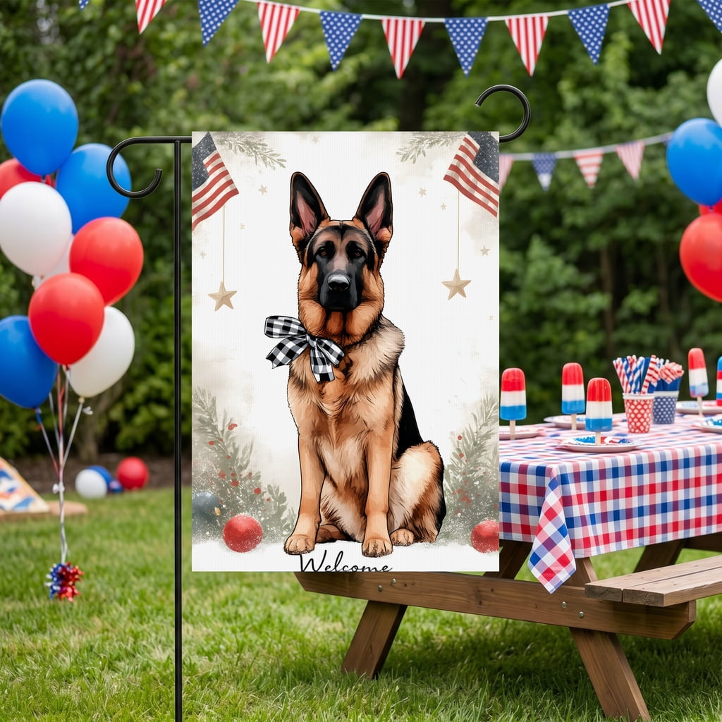 250 garden flag a german shepherd dog sitting in front of a christmas tree Welcome july fourth 28x40 Inch Vertical Banner americana home decor