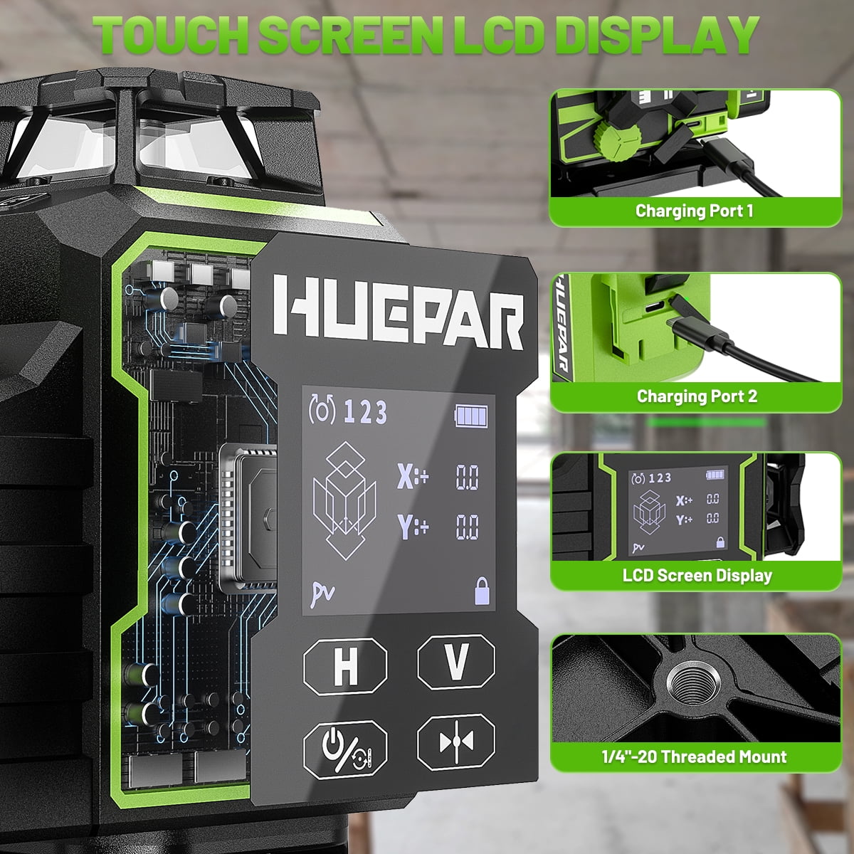 Huepar 4×360°Self-Leveling Laser Level with Backlit LCD Screen Remote Control Outdoor Pulse Mode Laser Tool with Bluetooth