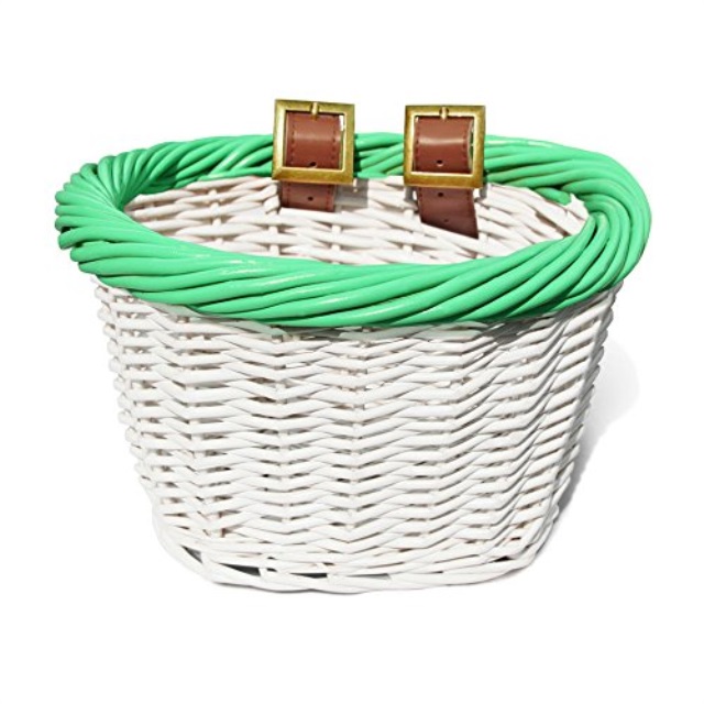 colorbasket kid's front handlebar wicker bike basket white with green