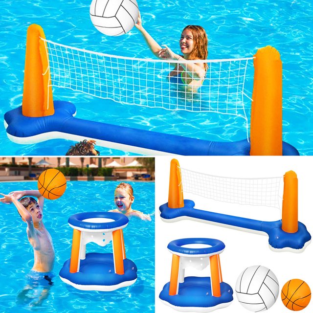 Muyoka Juego de flotador inflable para piscina, red de voleibol y aros de baloncesto, pelotas incluidas, juego de natación, juguete Muyoka Hogar