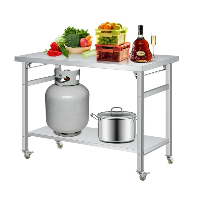 Kojooin Stainless Steel Folding Prep Table, 920 lbs Capacity, Commercial Worktable with Adjustable Undershelf & Feet, Foldable Kitchen Island