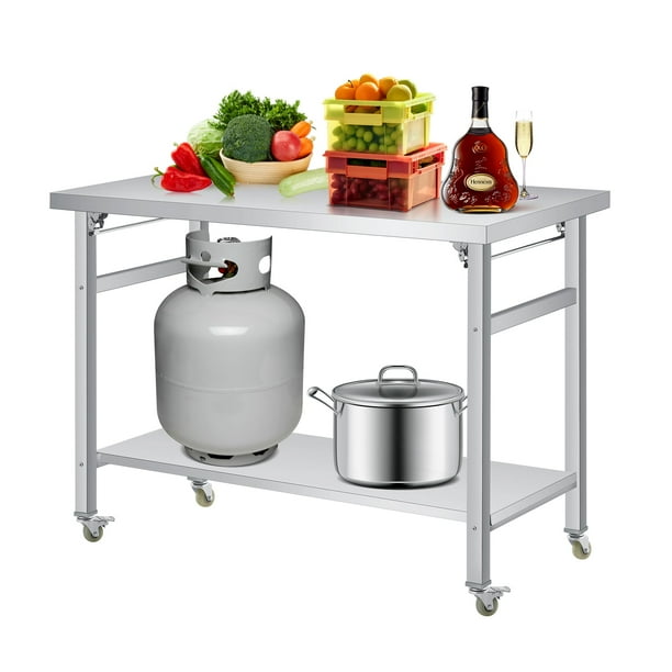 Mesa de Trabajo de Acero Inoxidable, Mesa de Preparación Plegable NSF de 2 Niveles con Repisa Inferior Ajustable y Ruedas Bloqueables, Estación de Trabajo Comercial de Alta Resistencia para Cocina