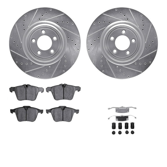 Dynamic Friction Company Front Brake Rotors-Drilled and Slotted-Silver with 5000 Advanced Brake Pads includes Hardware 7512-20017