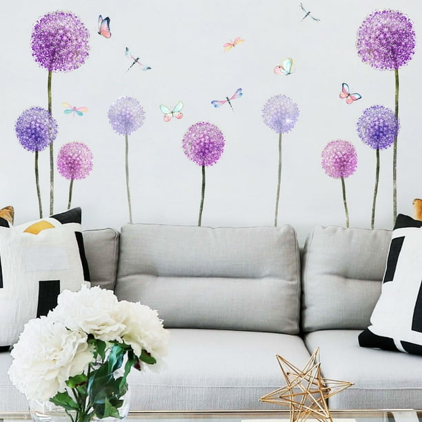 Calcomanía de pared de diente de león, calcomanía de pared de guardería morada, calcomanía de pared de diente de león para sala de estar, calcomanía de pared de plantas de mariposas y flores colorida TUNC Sencillez