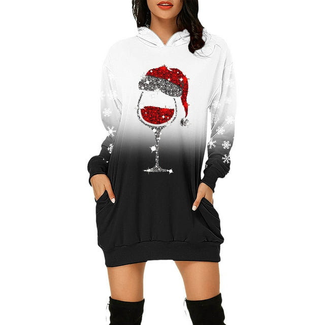Pull à Capuche Imprimé de Noël Mode Pull Femme Chandail en Molleton d'Hiver Mi-Longueur Blouse Ample de Noël Hoilidy Extérieur Chaud Col Rond Cardigan