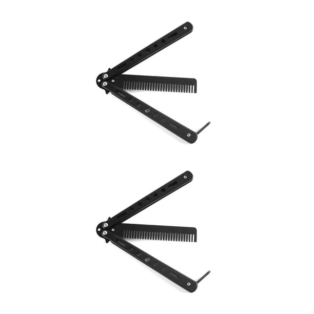 Seitruly Peine plegable de acero inoxidable para entrenamiento, cuchillo de mariposa, peine, barba, bigote, cepillo, herramienta de estilismo de Negro 2piezas Seitruly CBP161332