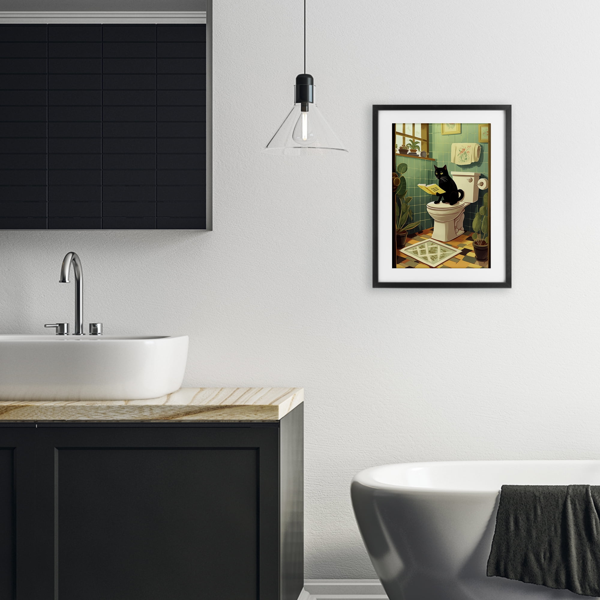 Cat Reading On Toilet Black Framed Print Under Glass, design by Andreas Magnusson