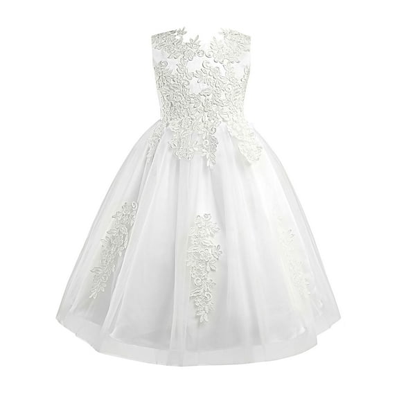 DPOIS Kids Flower Girl Dress Floral Lace Applique Wedding Party Dress Ball Gown Ivory 8