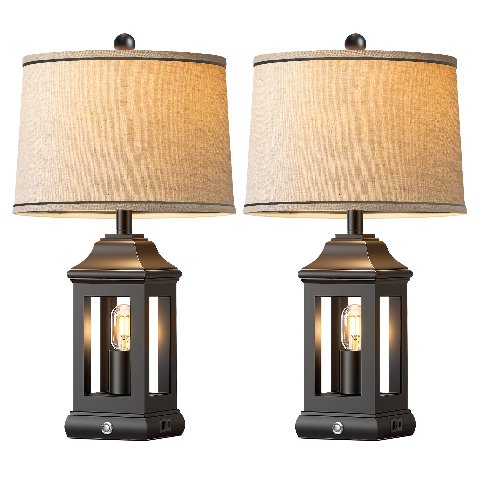 24" Rustic Farmhouse Table Lamps for Living Room Set of 2, Touch Dimmable Nightlight Vintage Bedside Lamps with USB A+C Ports & Dual Light Sources for Bedroom Nightstand End Table, Matte Black
