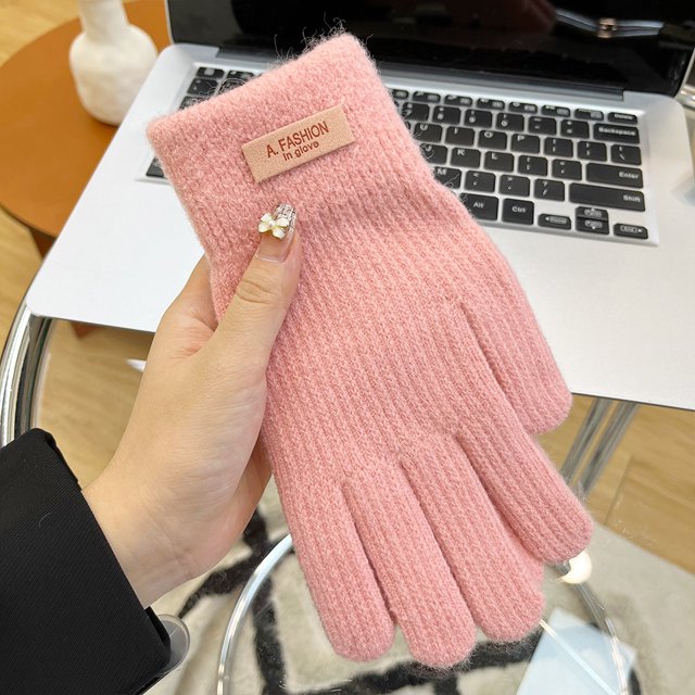 Guantes de lana tejidos para mujer, de invierno, resistentes al frío, con forro polar grueso, color caramelo, para ciclismo, pantalla táctil, dedos expuestos, cinco dedos