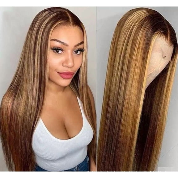 13x4 Full Frontal Lace Glueless #P4/27 Highlight piano Color STRAIGHT 200% High-Density Pre-Plucked Human Hair Wigs Long Hair from 18inch to 30inch