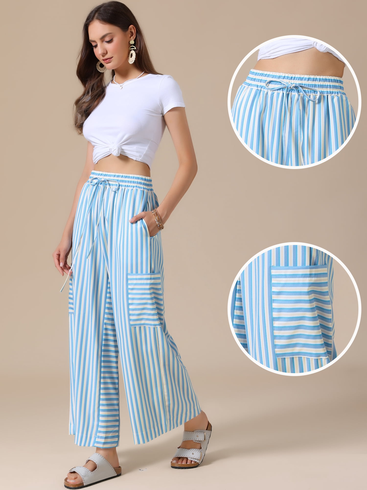 DARING DIVA Women's Striped Palazzo Lounge Pants X-Small Light Blue