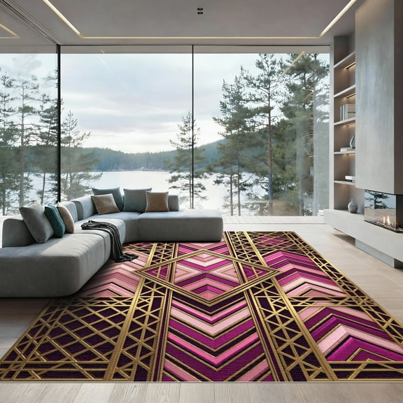 ODIKA 3'x5' Machine Washable Non-Slip Area Rug, Geometric Gold High Traffic Rug, Pink, 993646