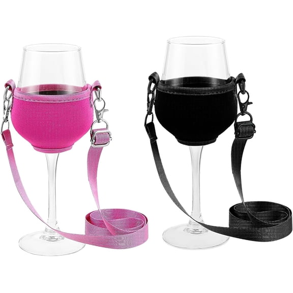 Wine Glass Neck Holder – Adjustable Strap Hanging Wine Cup Sleeve, Portable Hands-Free Drink Holder for Outdoor Events & Parties(RL Pink Black 1Pair)
