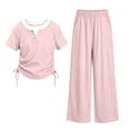 thumbnail image 3 of SGFCWSX Girls Summer Outfits 2 Piece Henley Neck Tops Elastic Waist Straight Leg Pants Casual Daily Clothing Set Pink Size 10, 3 of 7