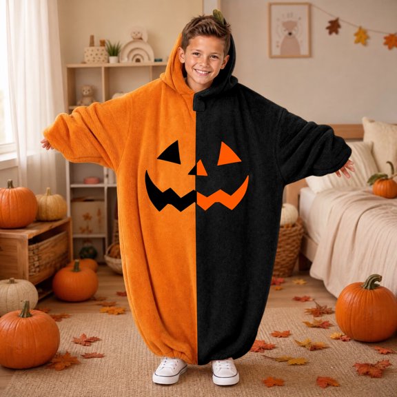 Grblisyd Girls Boys Jumpsuits Halloween Pumpkin Print Hooded One Piece Oversized Plush Funny Party Loungewear