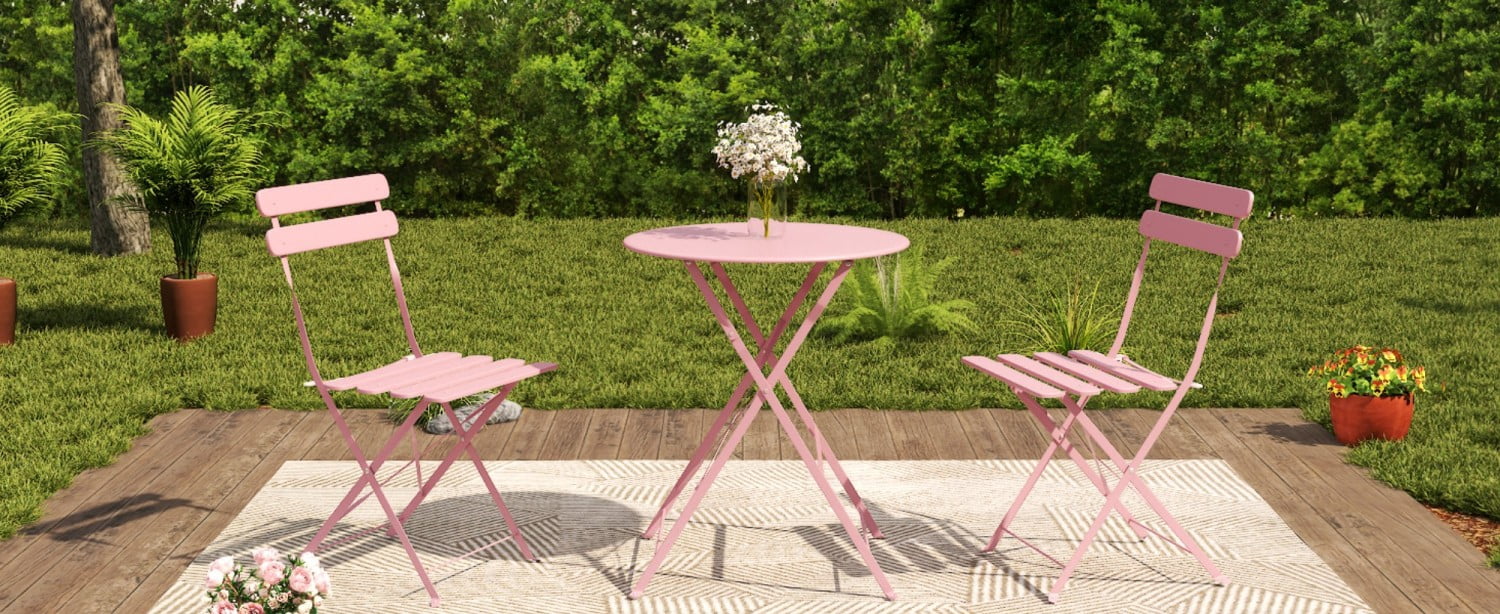 Bistro Table and Chairs Set for 2, 3 Piece Outdoor Patio Bistro Set with Folding Table and 2 Cushioned Chairs, Rust-Resistant Frame, Pink